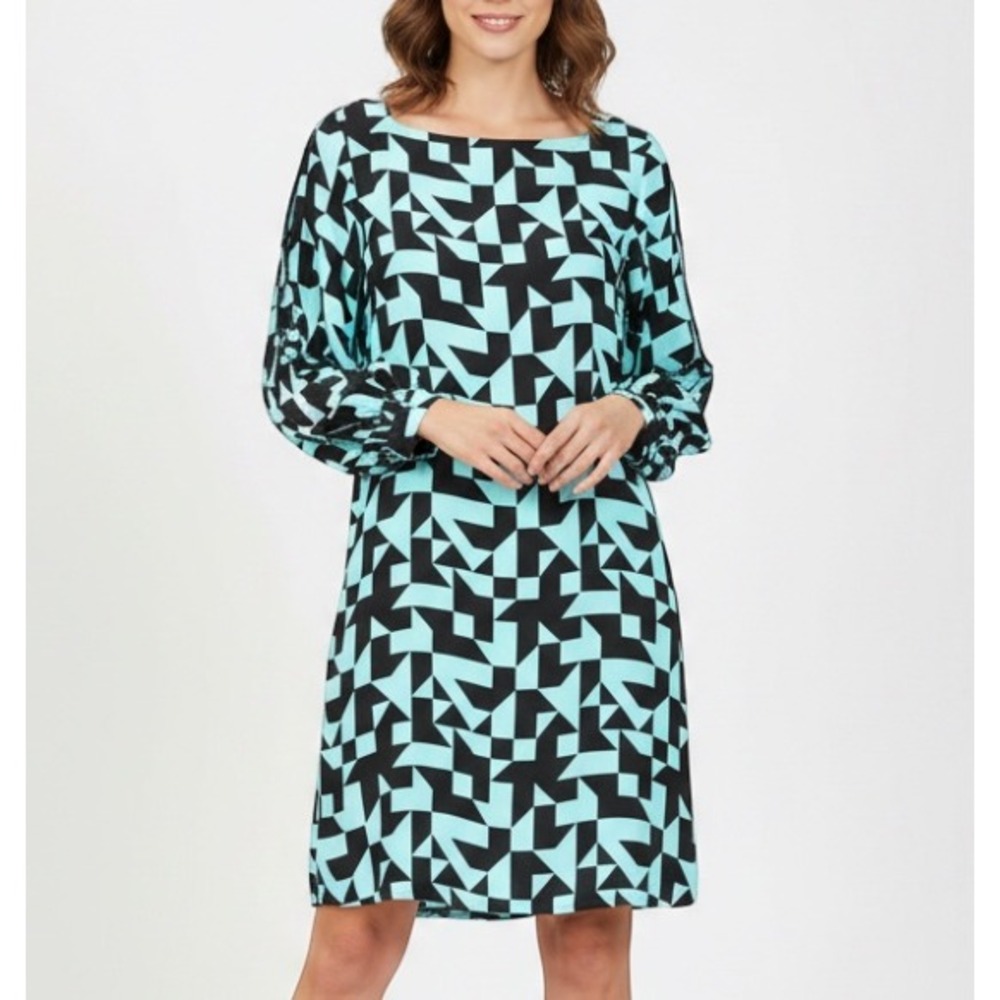 ALICE & TRIXIE Blue/Black GEO PRINT Silk Shift Dress OPEN BACK Cut-Out Sleeves S
